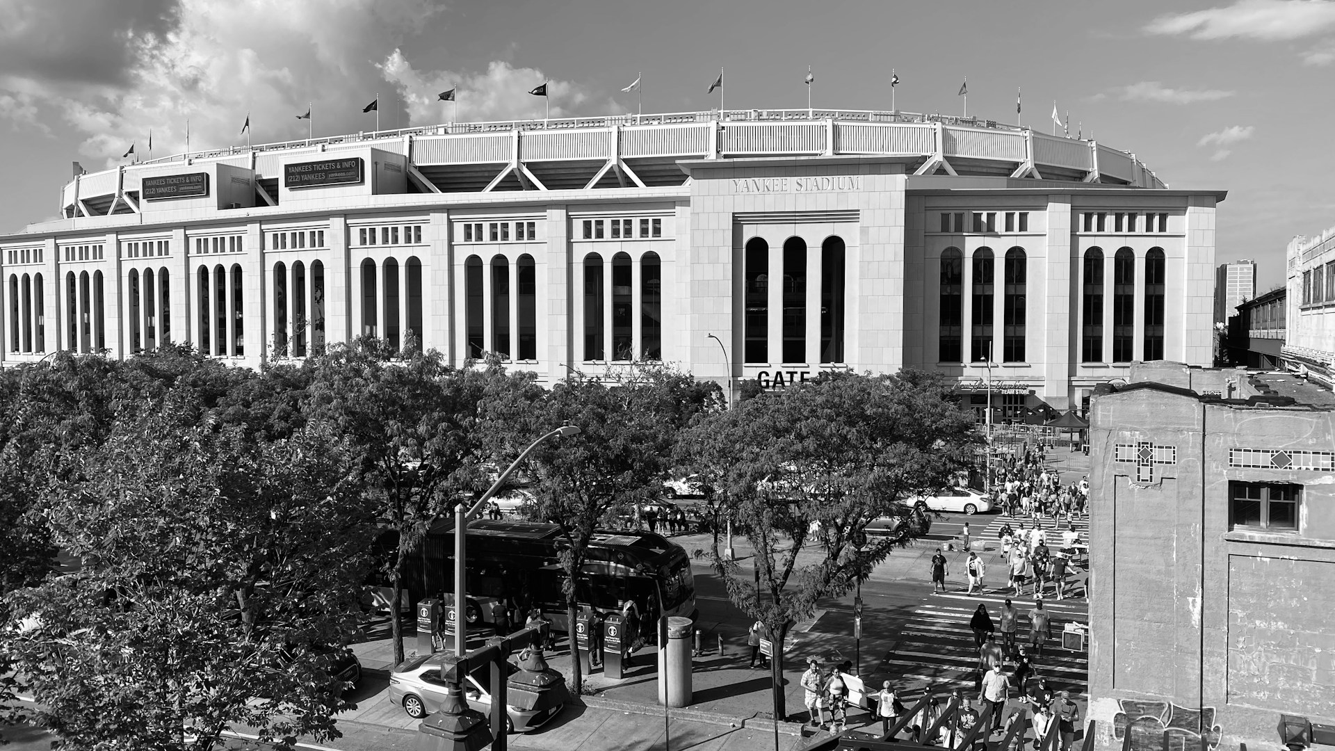 Black and white view of Yankee Stadium’s exterior in the Bronx, New York. Title Yankee Stadium, the Bronx | Pinpoint Black and white view of Yankee Stadium’s exterior in the Bronx, New York.